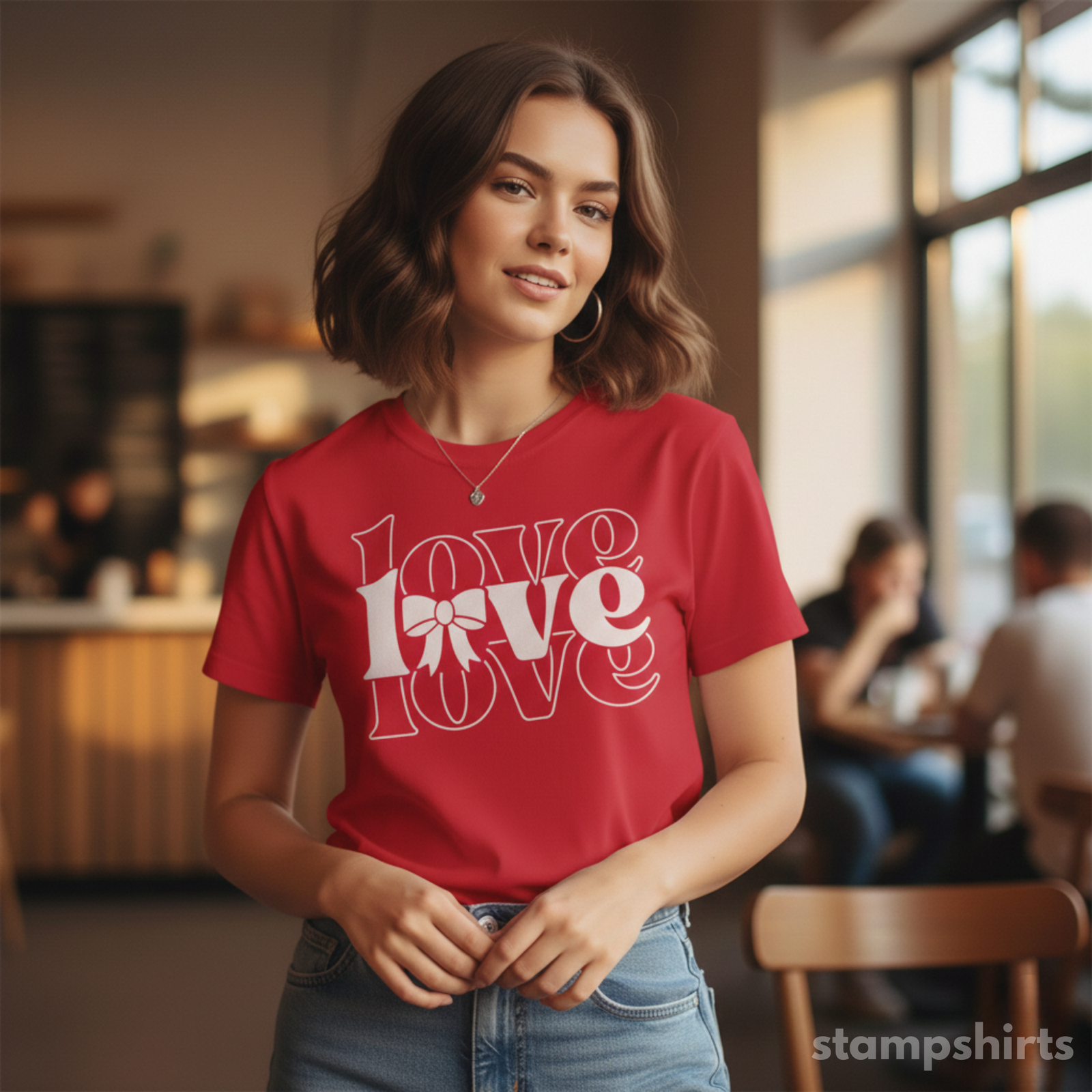 Woman wearing a red t-shirt with 'LOVE' design in a casual setting