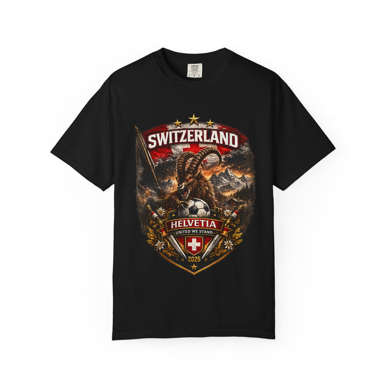 Switzerland Helvetia Shield T-Shirt — Alpine Ibex Vintage Travel Tee