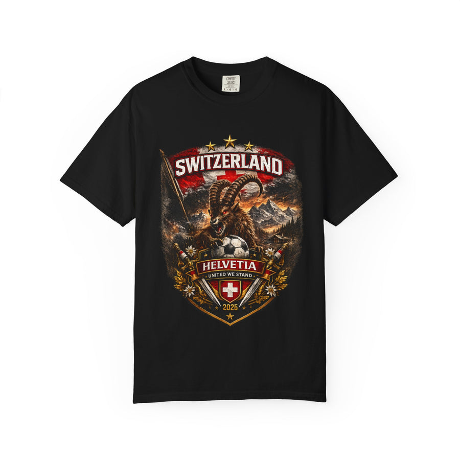 Switzerland Helvetia Shield T-Shirt — Alpine Ibex Vintage Travel Tee