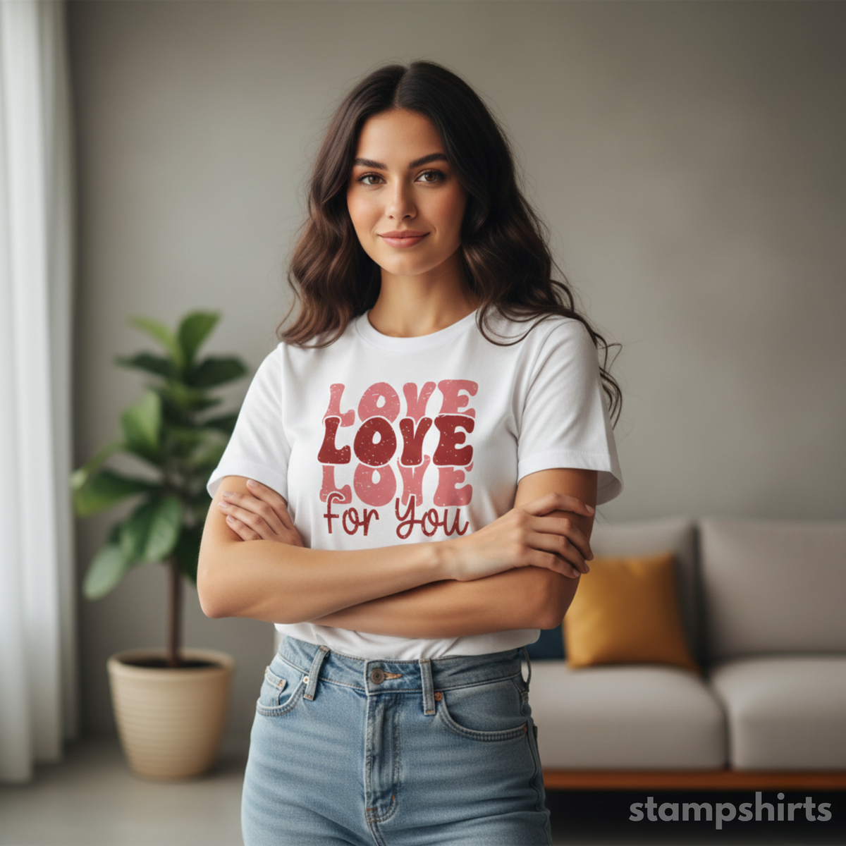 Woman wearing a white t-shirt with 'LOVE LOVE LOVE for You' text in a living room setting.