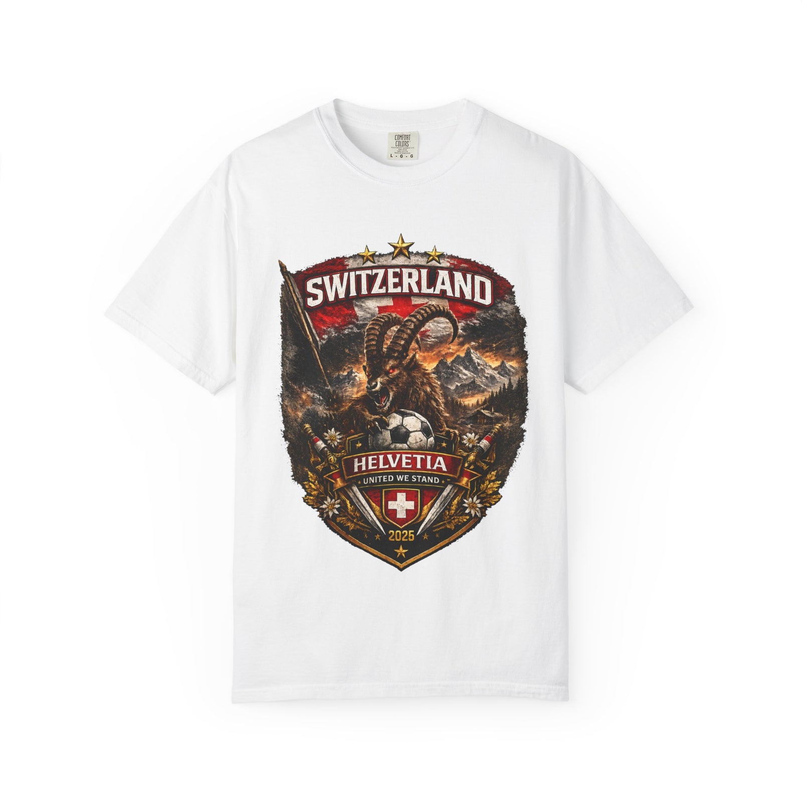 Switzerland Helvetia Shield T-Shirt — Alpine Ibex Vintage Travel Tee