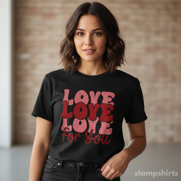 Woman wearing a black t-shirt with 'LOVE LOVE LOVE for you' text in red. thumbnail 2