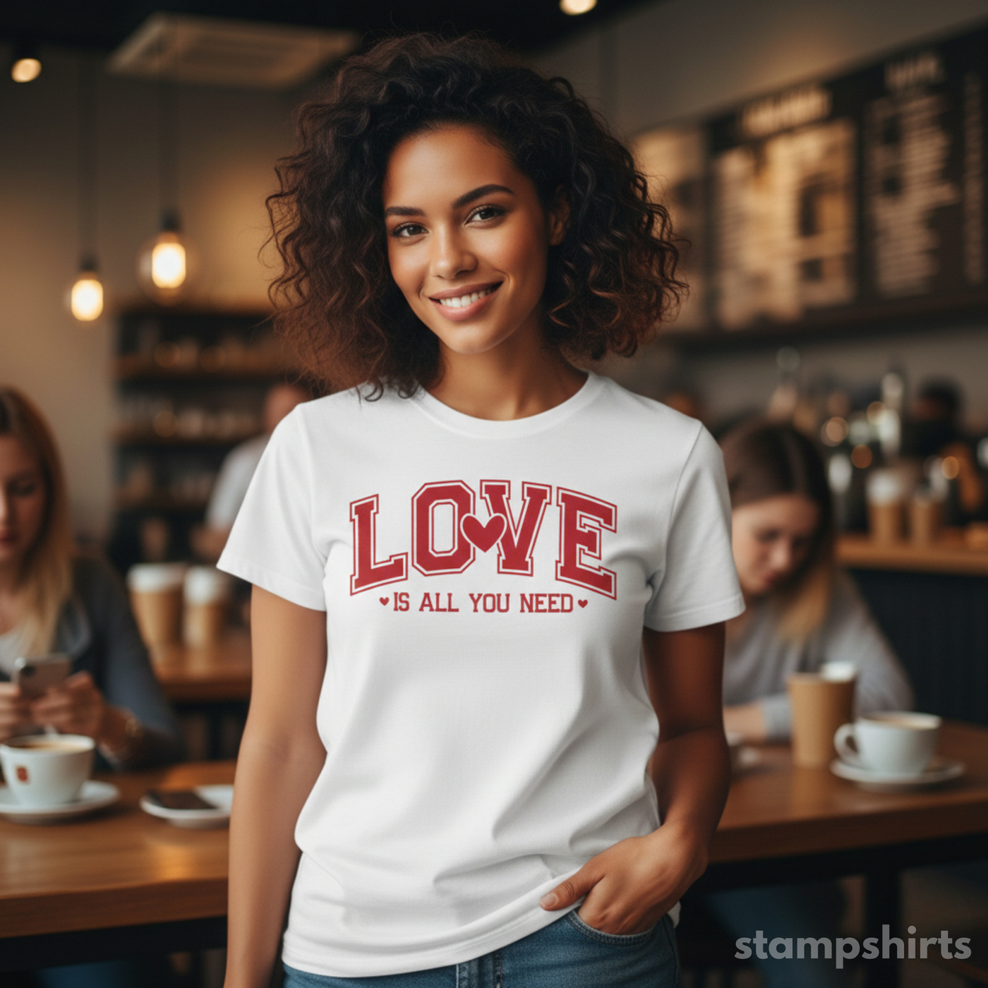 Woman wearing a white t-shirt with 'LOVE is all you need' text in a cafe setting image 6