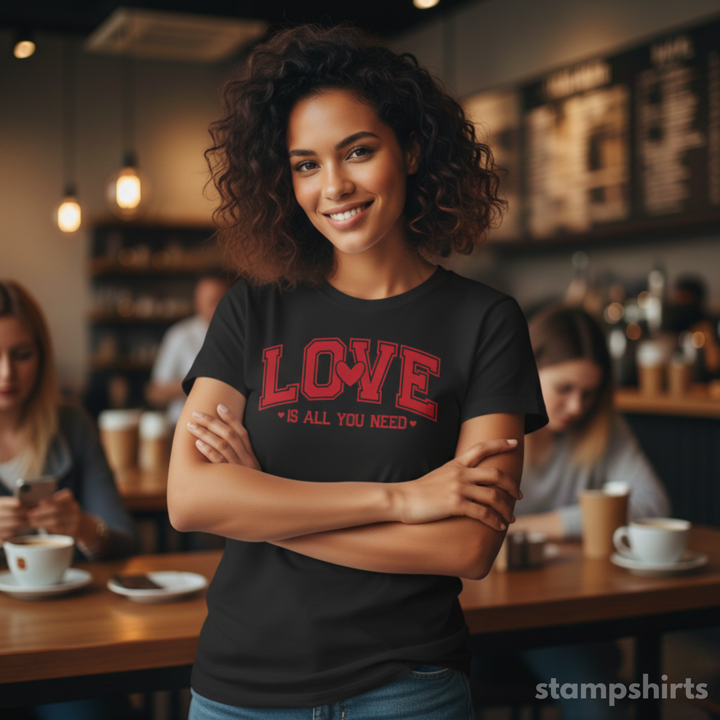 Woman wearing a black t-shirt with 'LOVE is all you need' text in a cafe setting image 7