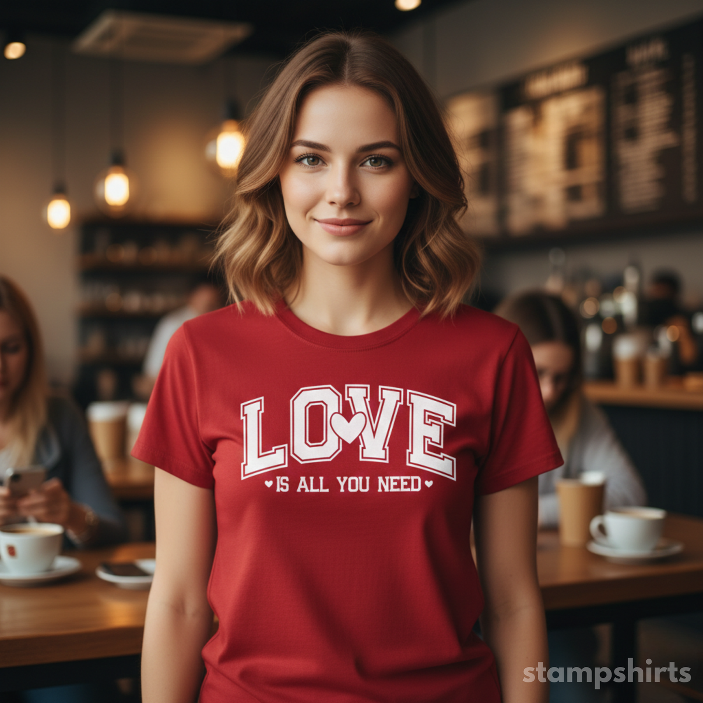 Woman wearing a red t-shirt with 'LOVE is all you need' text in a café setting image 5