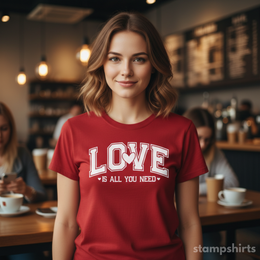 Woman wearing a red t-shirt with 'LOVE is all you need' text in a café setting thumbnail 5