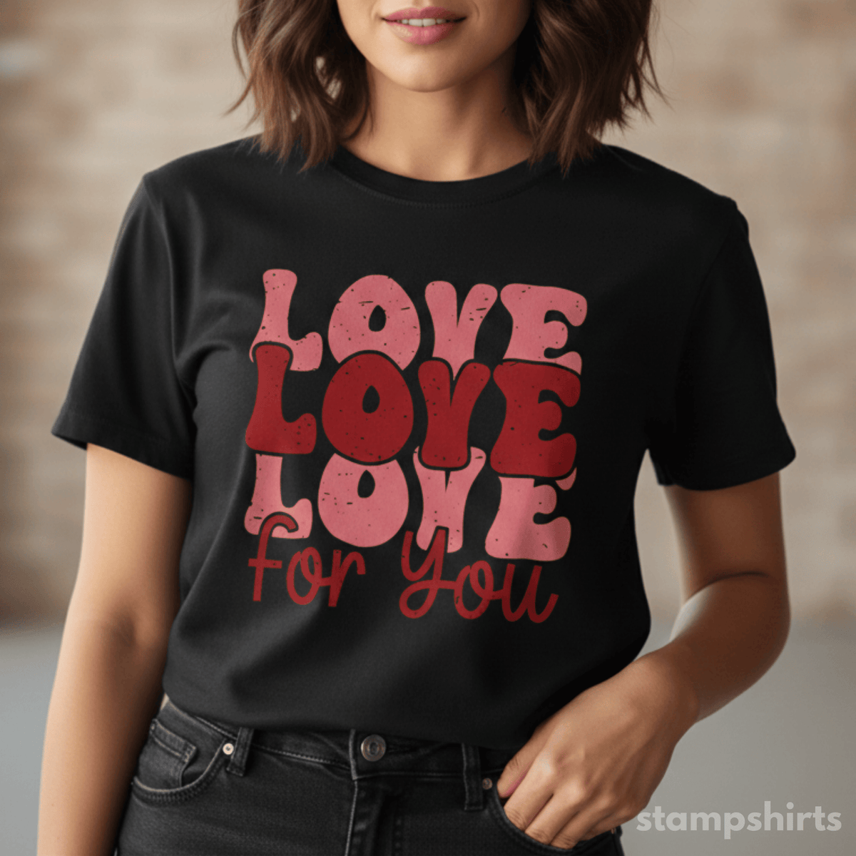 Person wearing a black t-shirt with red text 'LOVE LOVE LOVE FOR YOU' against a neutral background