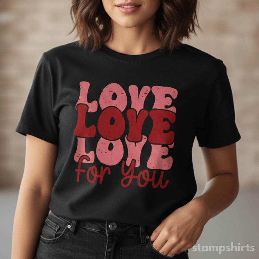 Person wearing a black t-shirt with red text 'LOVE LOVE LOVE FOR YOU' against a neutral background