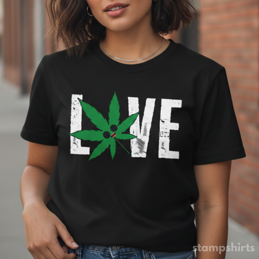 Person wearing a black t-shirt with a green cannabis leaf and 'LOVE' text.