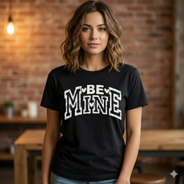 Woman wearing a black t-shirt with 'Be Mine' text in a casual setting. thumbnail 5