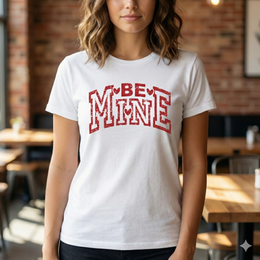 Person wearing a white t-shirt with 'BE MINE' text in a casual setting thumbnail 4