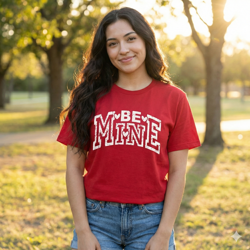 Woman wearing a red 'Be Mine' t-shirt in a park setting