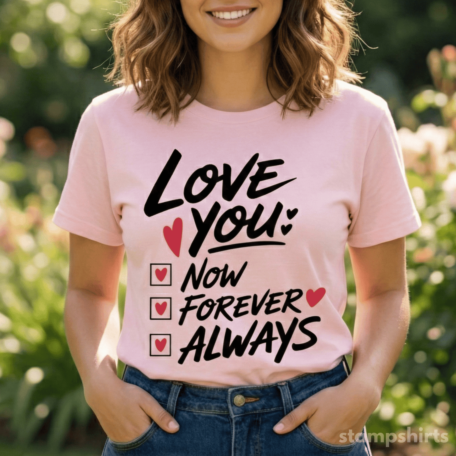 Person wearing a pink t-shirt with 'Love You Now Forever Always' text and hearts.