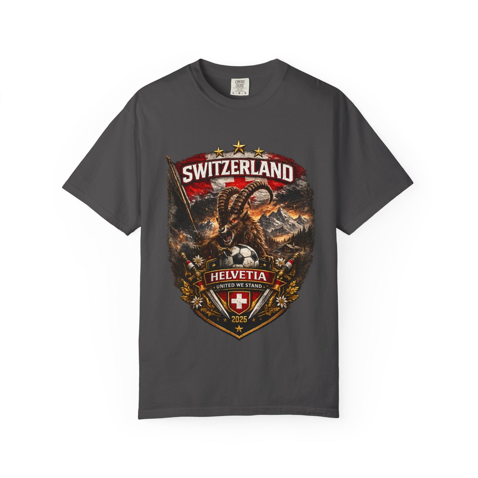 Switzerland Helvetia Shield T-Shirt — Alpine Ibex Vintage Travel Tee