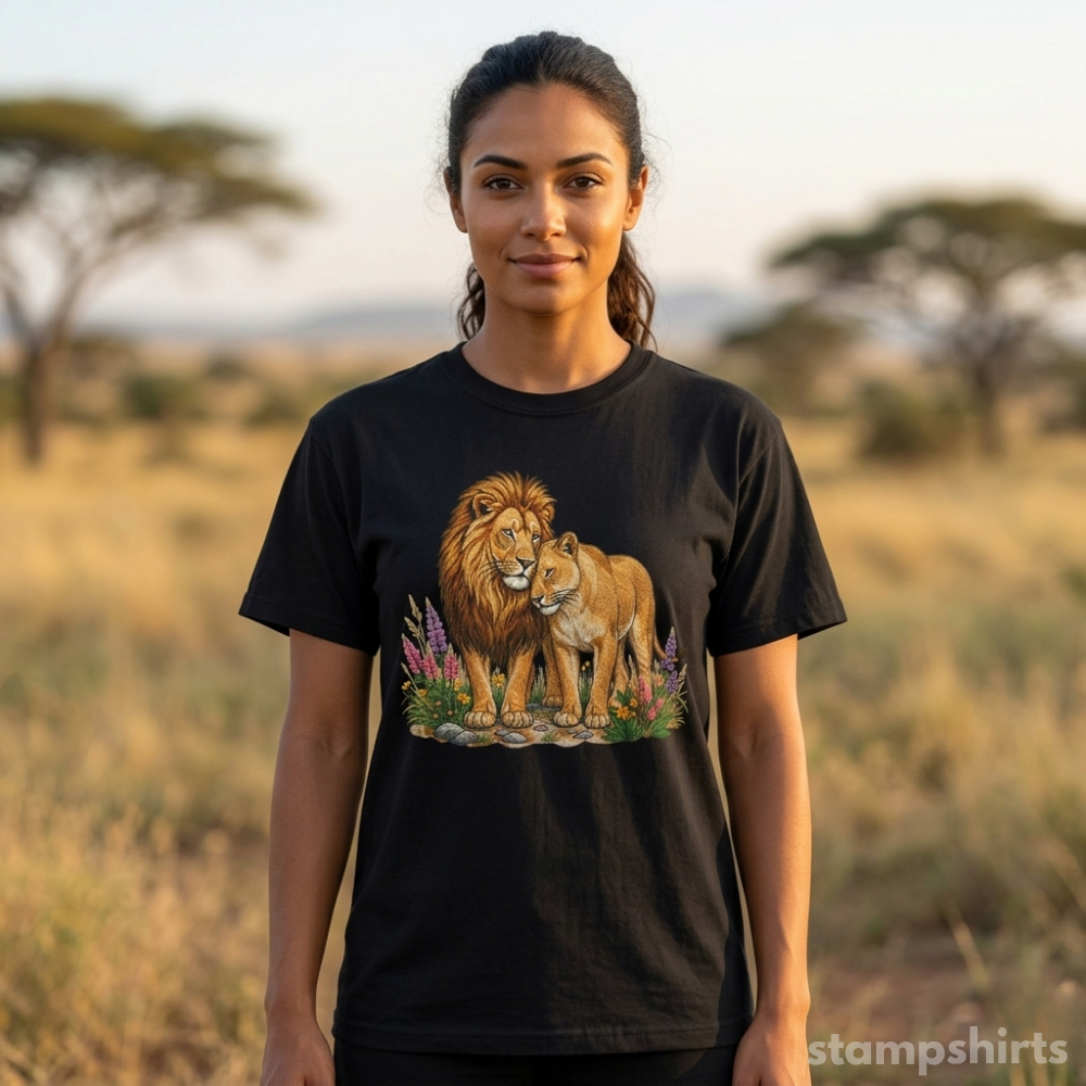 Majestic Lion & Lioness Floral T-Shirt