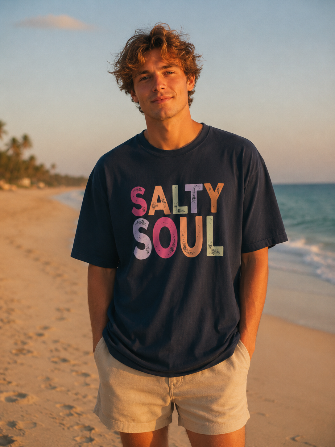 Person wearing a 'Salty Soul' t-shirt on a beach at sunset