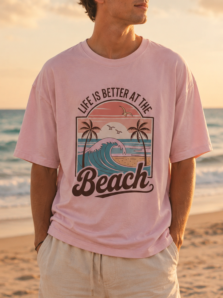 Man wearing a pink t-shirt with a beach graphic and text on a beach at sunset.