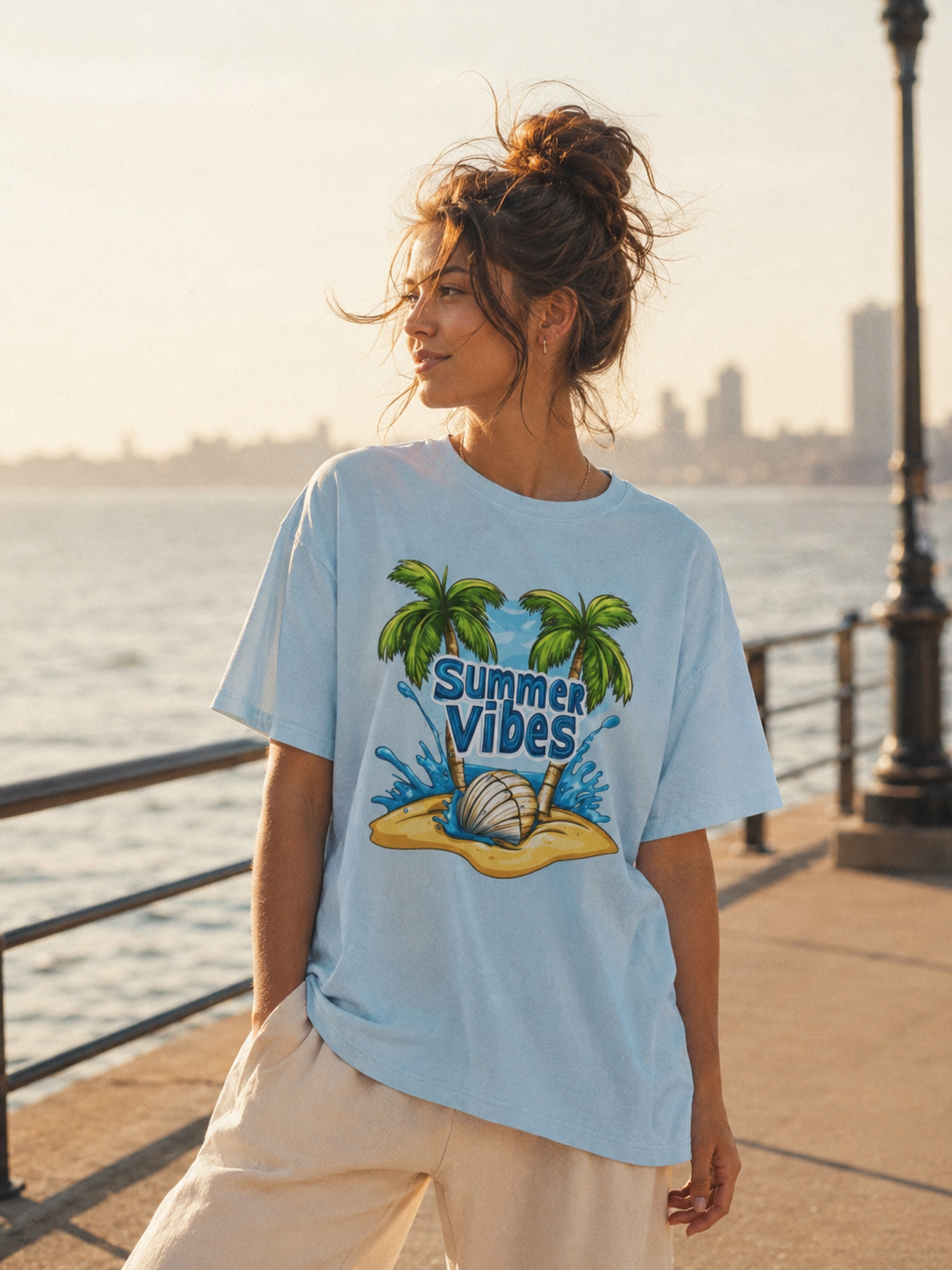 Woman wearing a 'Summer Vibes' t-shirt by the water with palm trees and a shell graphic.