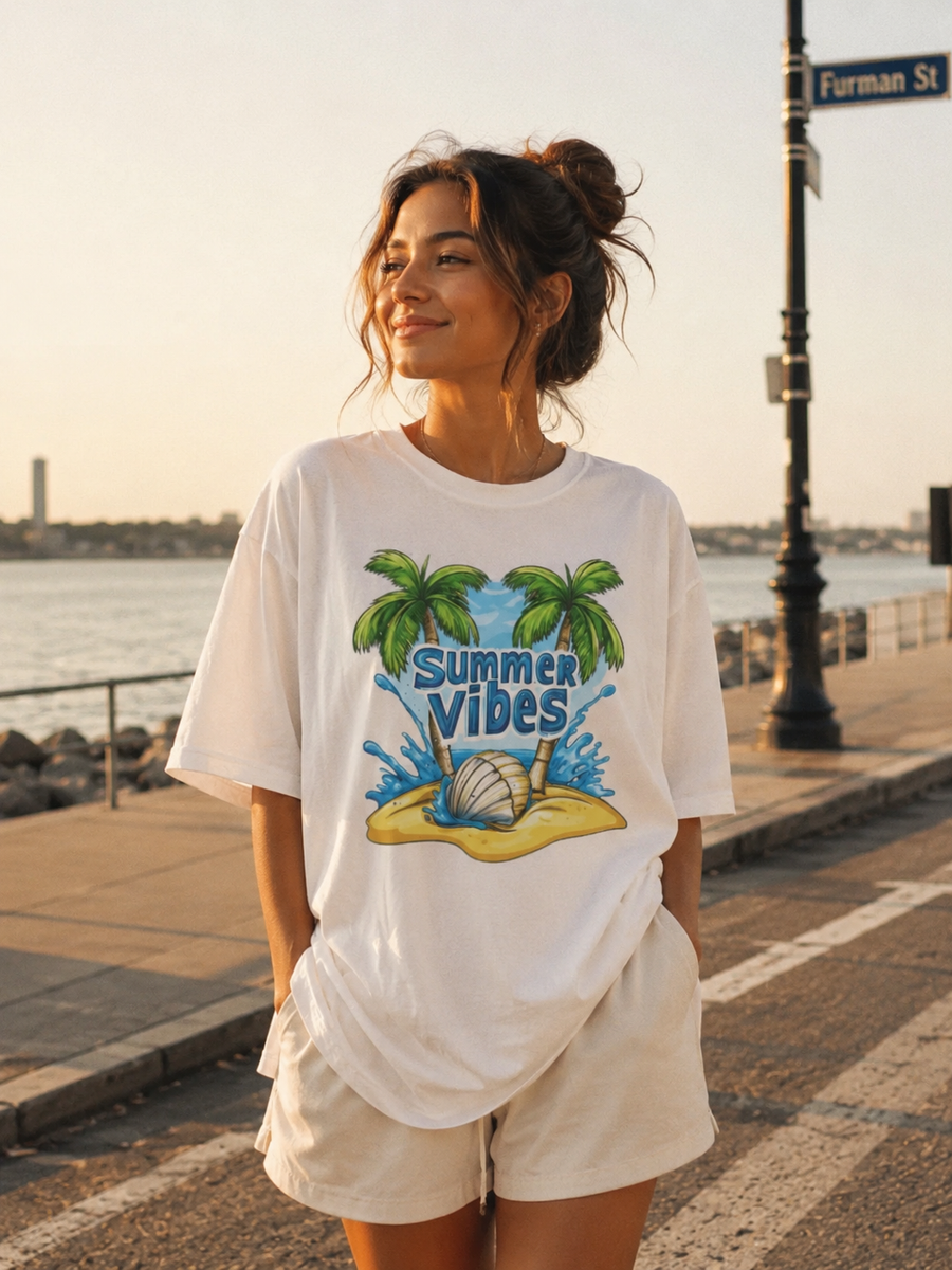 Woman wearing a 'Summer Vibes' t-shirt by the waterfront