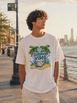 Person wearing a 'Summer Vibes' t-shirt by a waterfront with a city skyline in the background. thumbnail 3