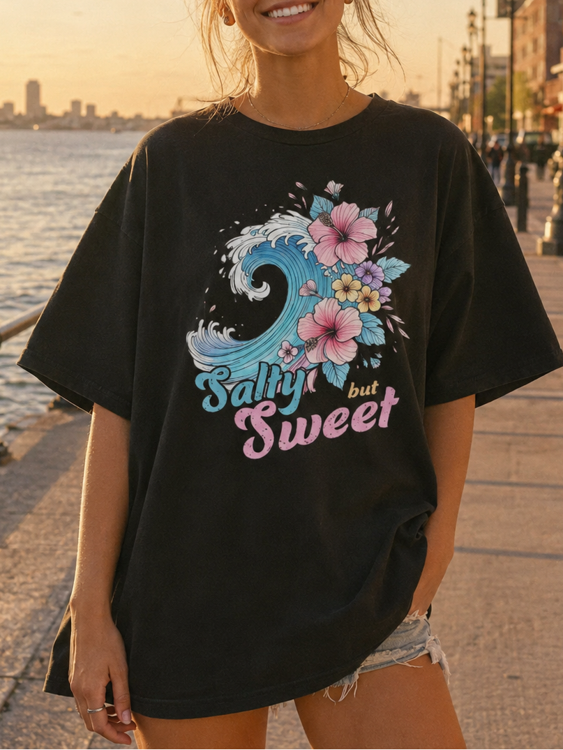 Woman wearing a black t-shirt with floral design and text by a waterfront at sunset.