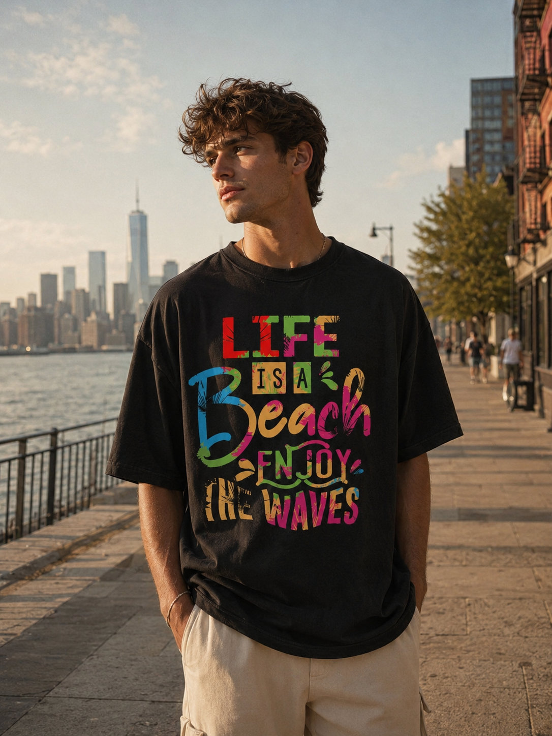 Man wearing a black t-shirt with colorful text by a waterfront with a city skyline in the background.