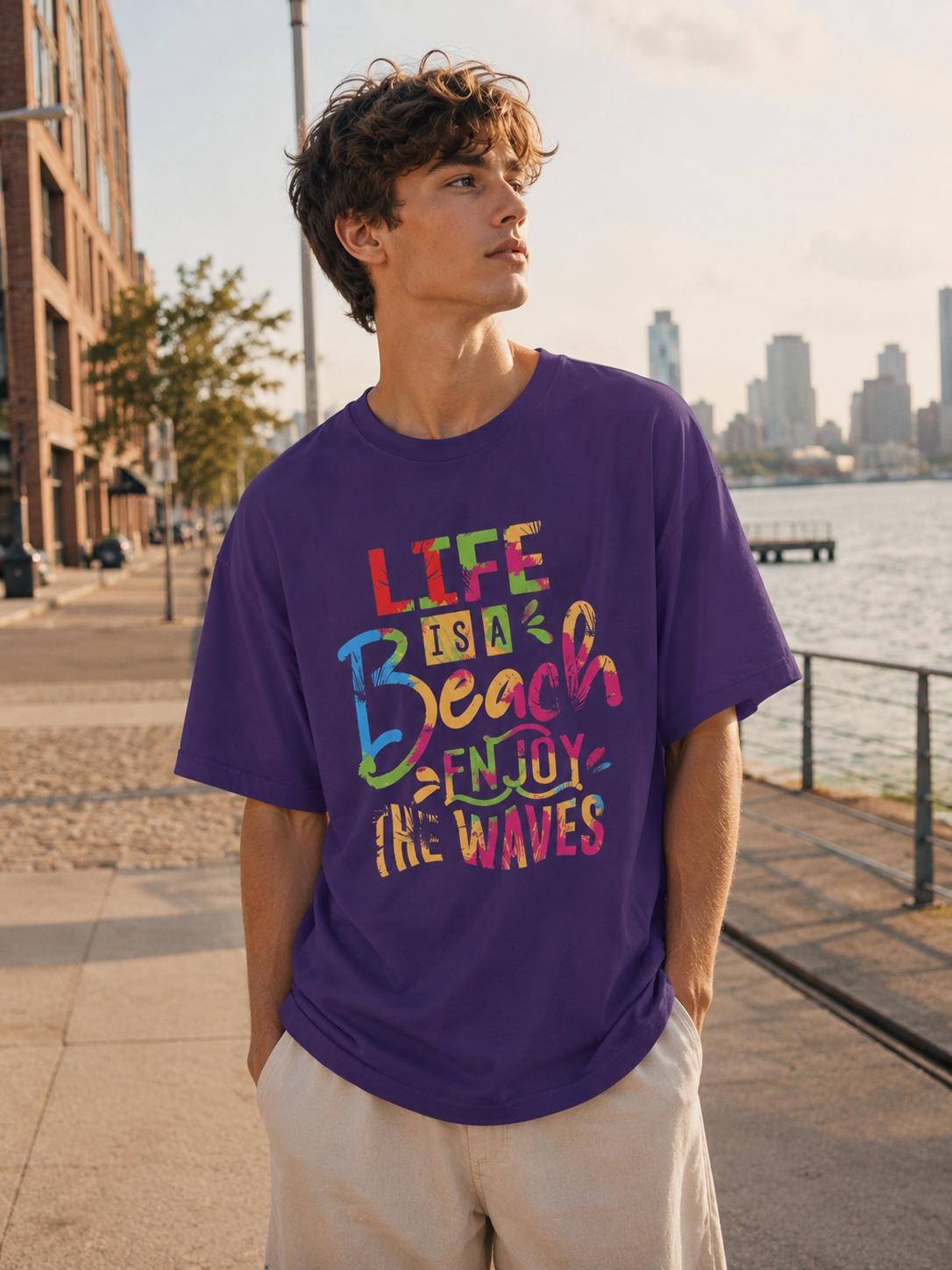 Person wearing a purple t-shirt with colorful text by a waterfront with city skyline.