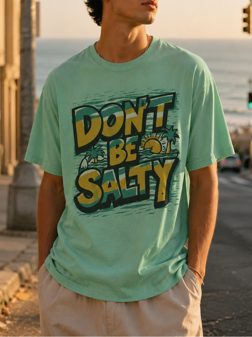 Man wearing a 'Don't Be Salty' t-shirt by the seaside