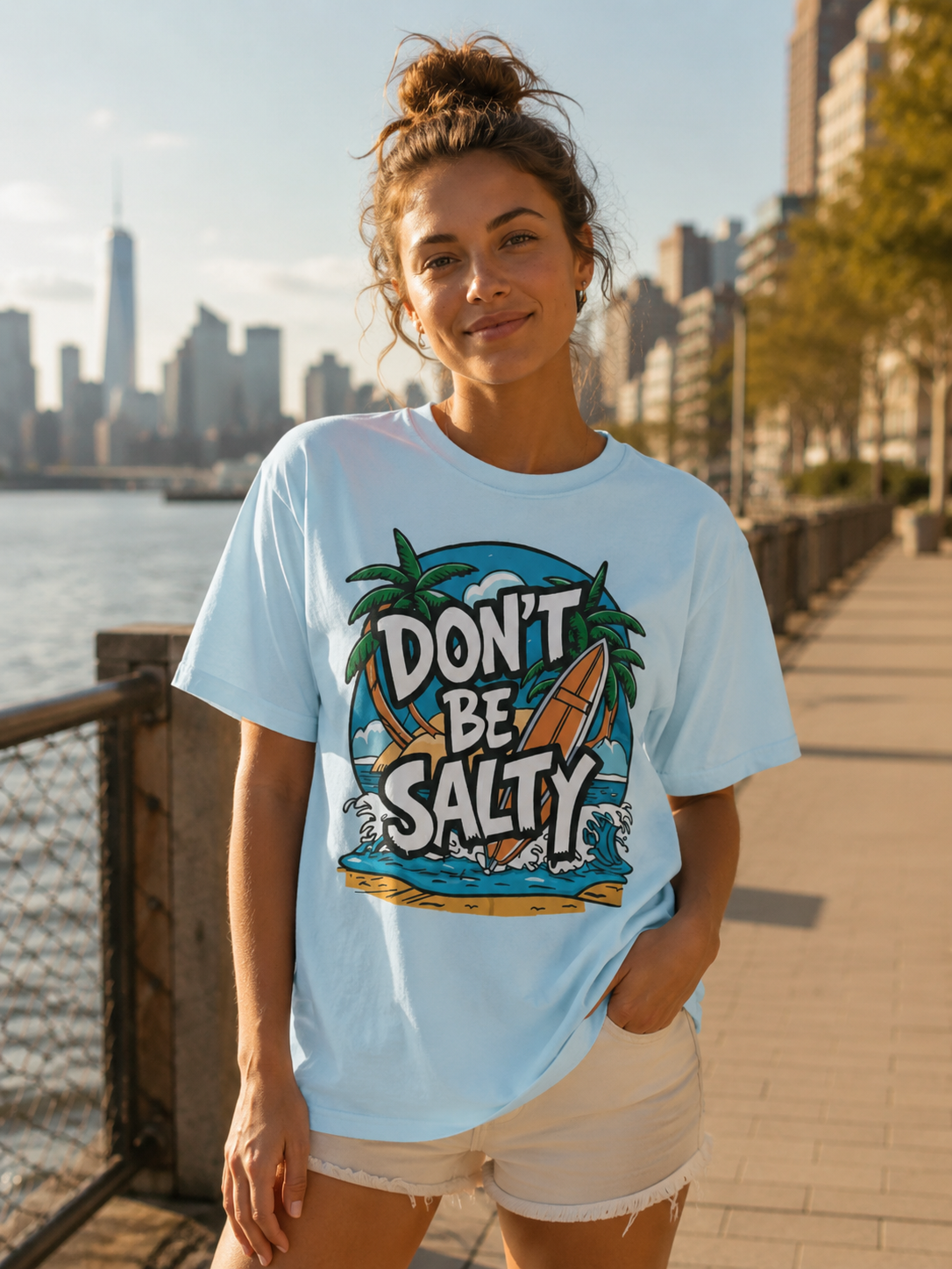Woman wearing a 'Don't Be Salty' t-shirt by a waterfront with city skyline in the background