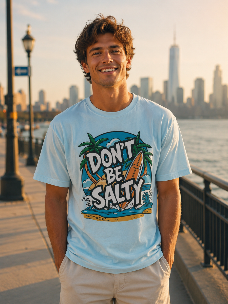 Man wearing a 'Don't Be Salty' t-shirt by a waterfront with a city skyline in the background