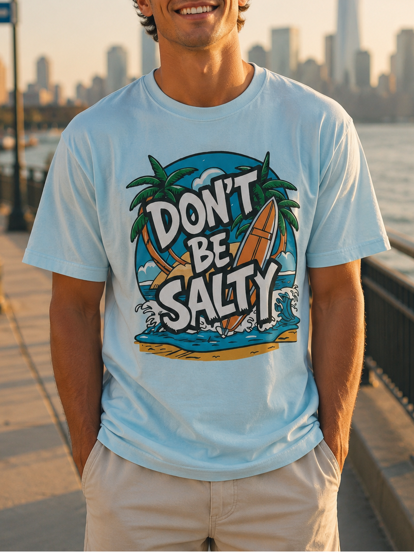 Man wearing a 'Don't Be Salty' t-shirt by a waterfront with a city skyline in the background