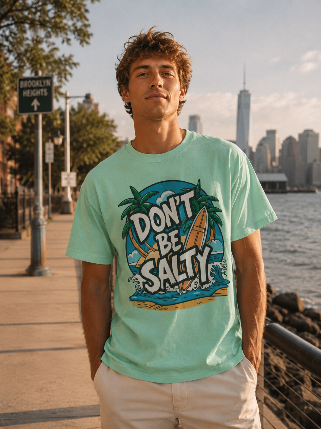 Man wearing a 'Don't Be Salty' t-shirt by a waterfront with a city skyline in the background.