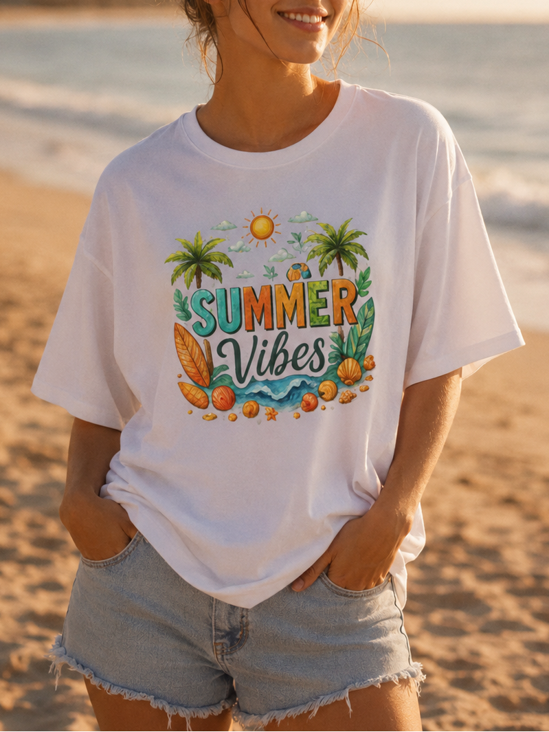 Woman wearing a 'Summer Vibes' t-shirt on a beach