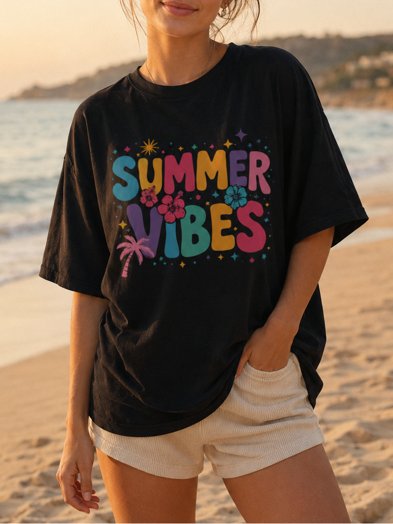 Woman wearing a black t-shirt with 'Summer Vibes' on a beach at sunset