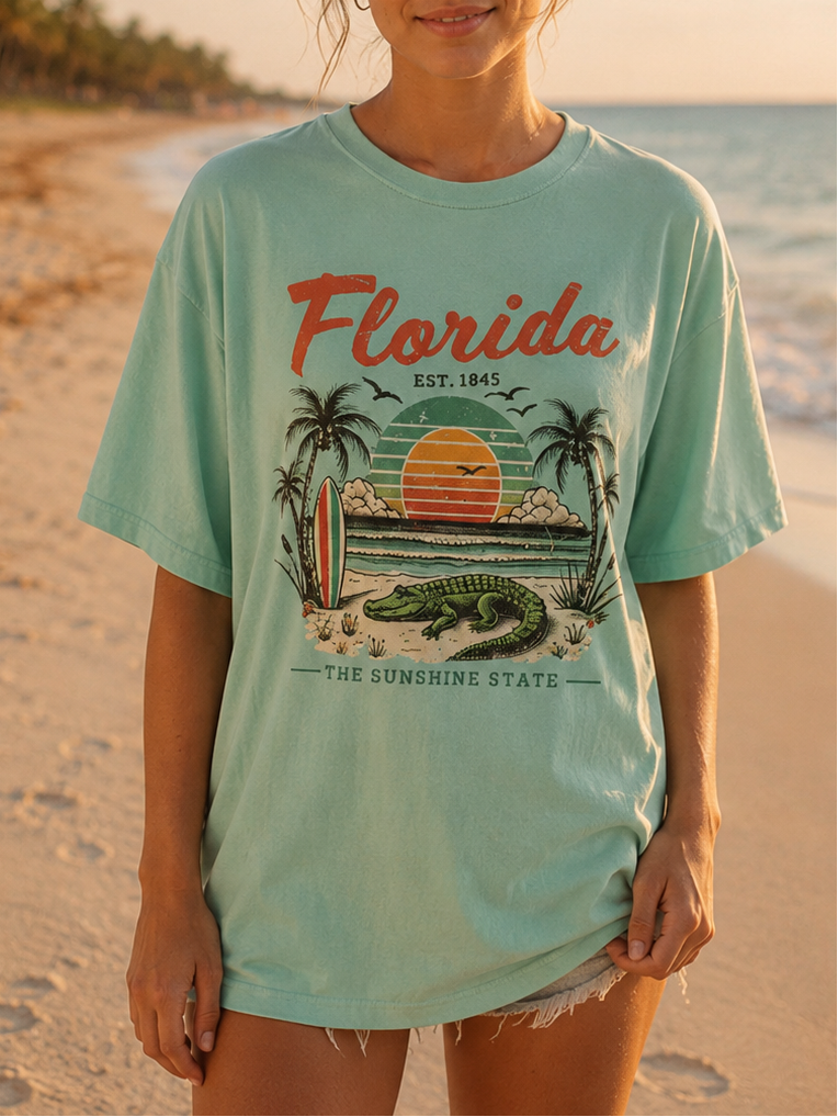 Woman wearing a 'Florida' t-shirt on a beach with palm trees and ocean in the background