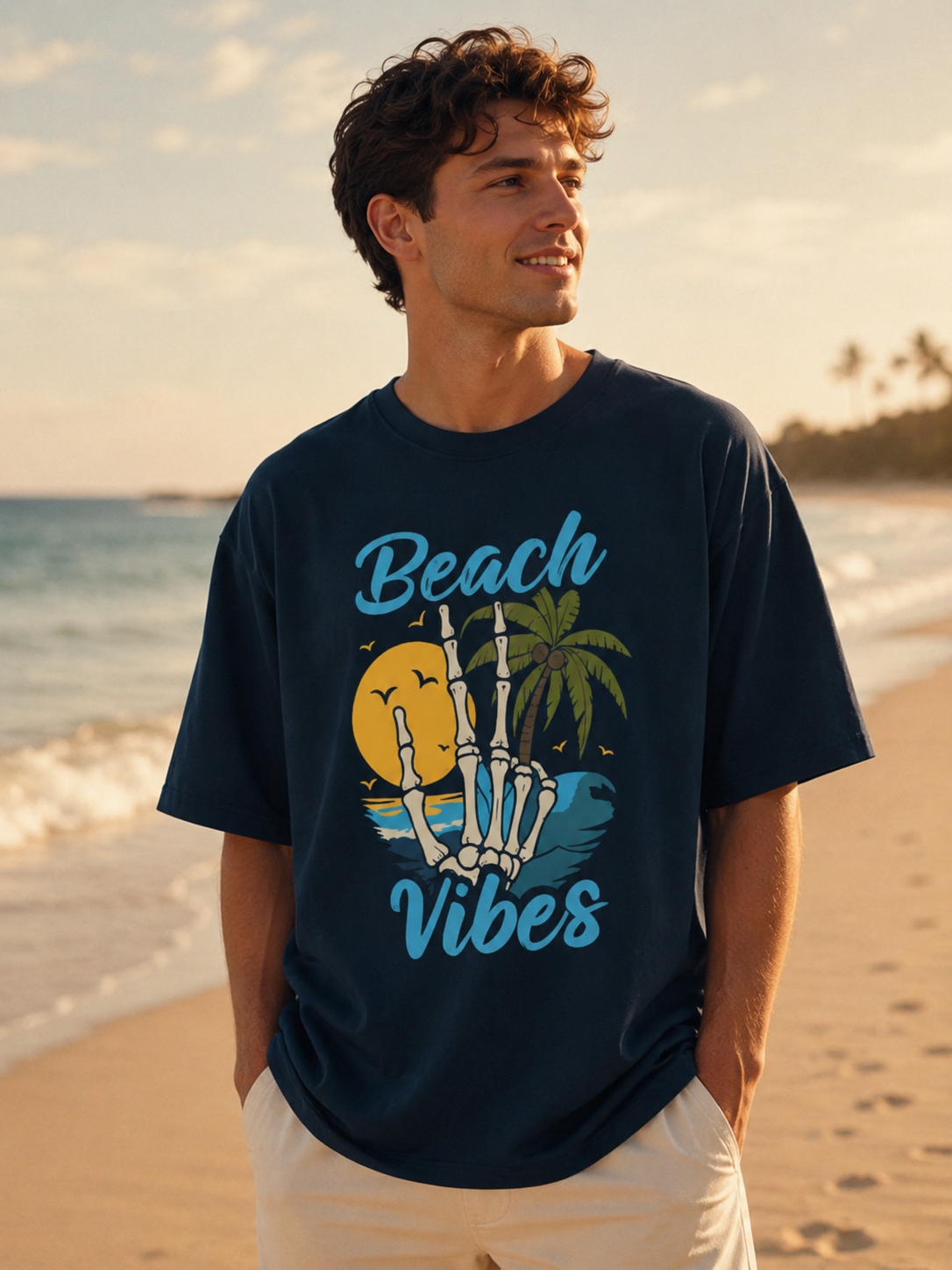 Man wearing a 'Beach Vibes' t-shirt on a beach with palm trees and a sunset.