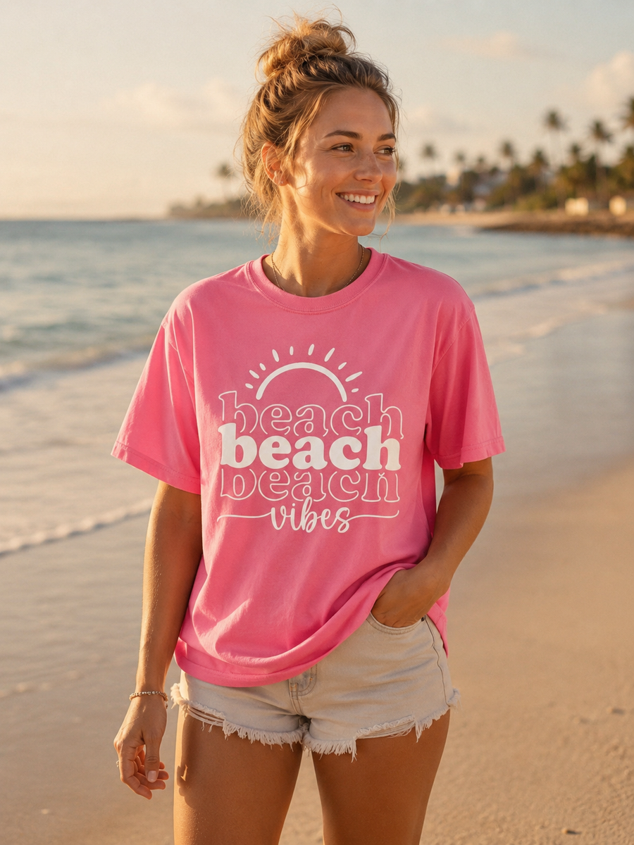 Woman wearing a pink 'beach vibes' t-shirt on a beach