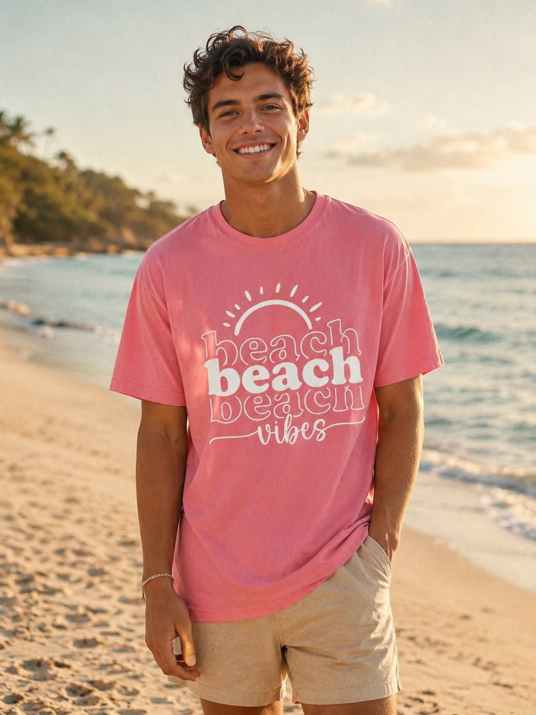 Man wearing a pink 'beach vibes' t-shirt on a beach