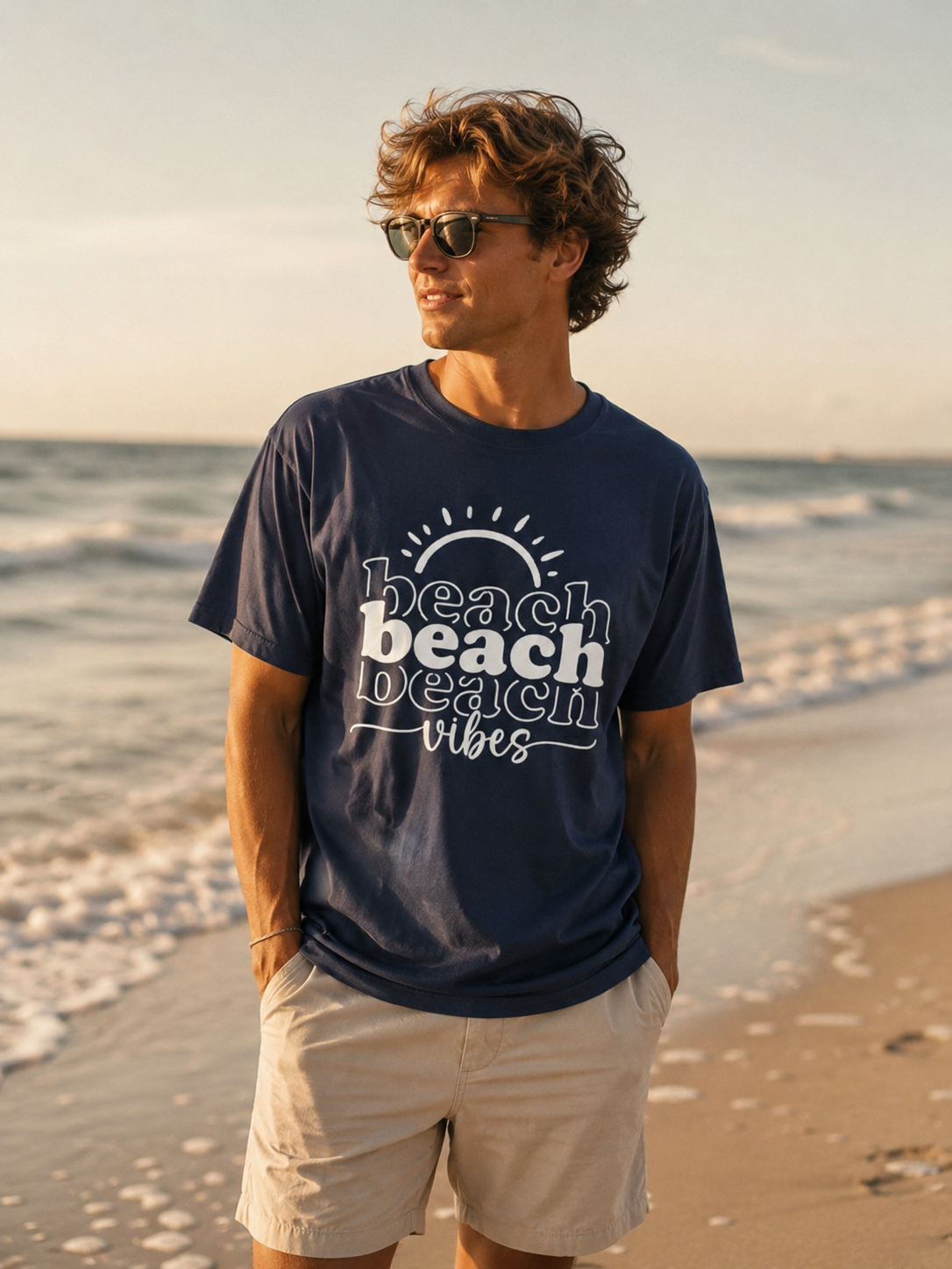 Man wearing a navy blue t-shirt with 'beach vibes' text on a beach
