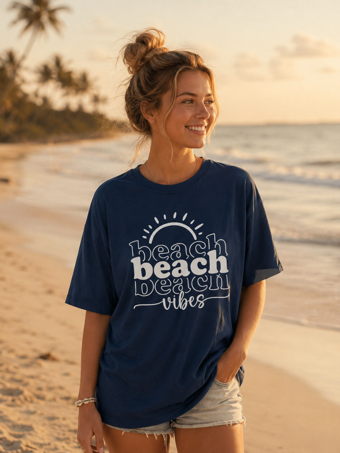 Woman wearing a navy blue 'beach vibes' t-shirt on a beach at sunset.