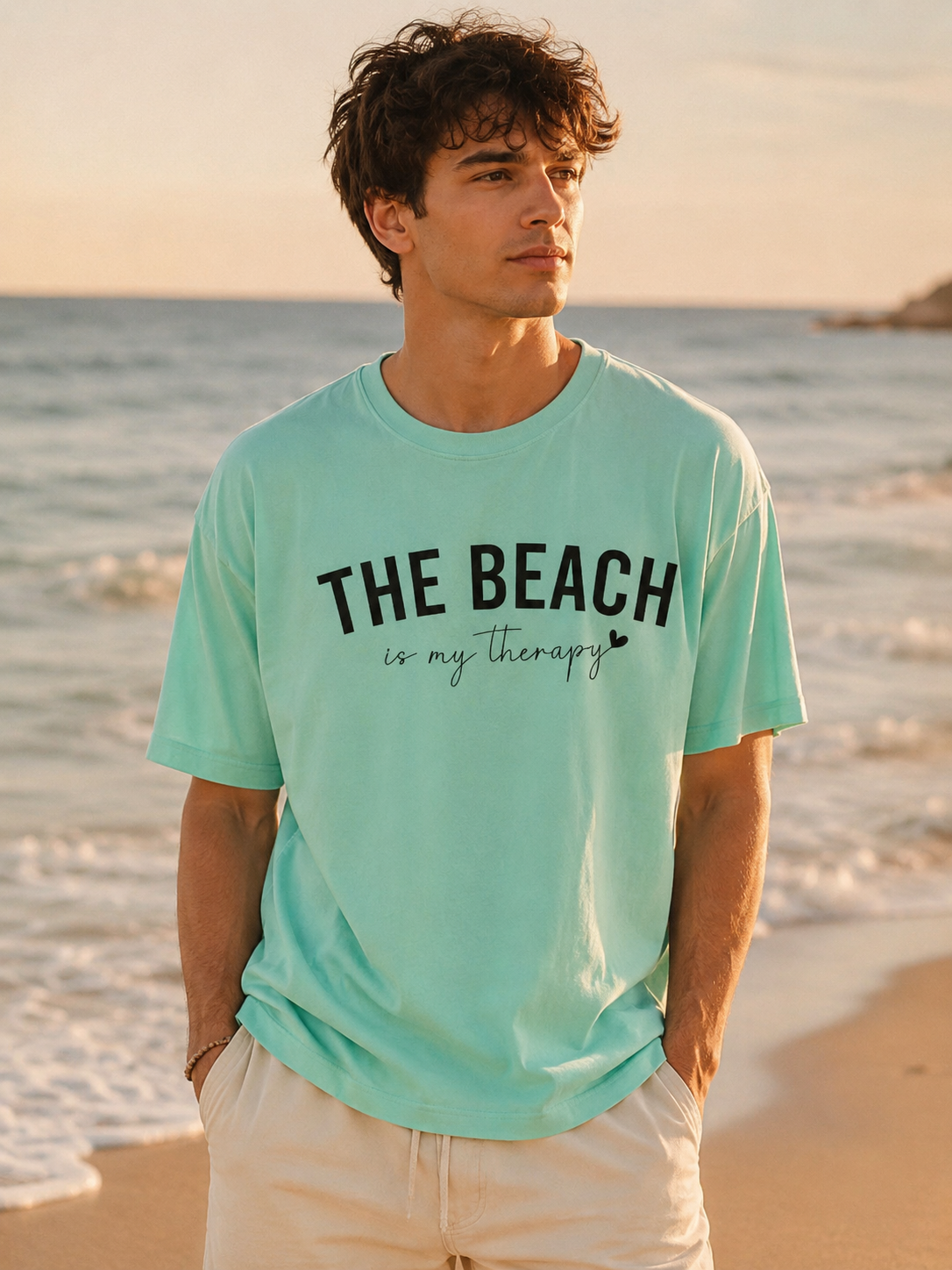 Man wearing a light blue t-shirt with 'The Beach is my Therapy' text on a beach.