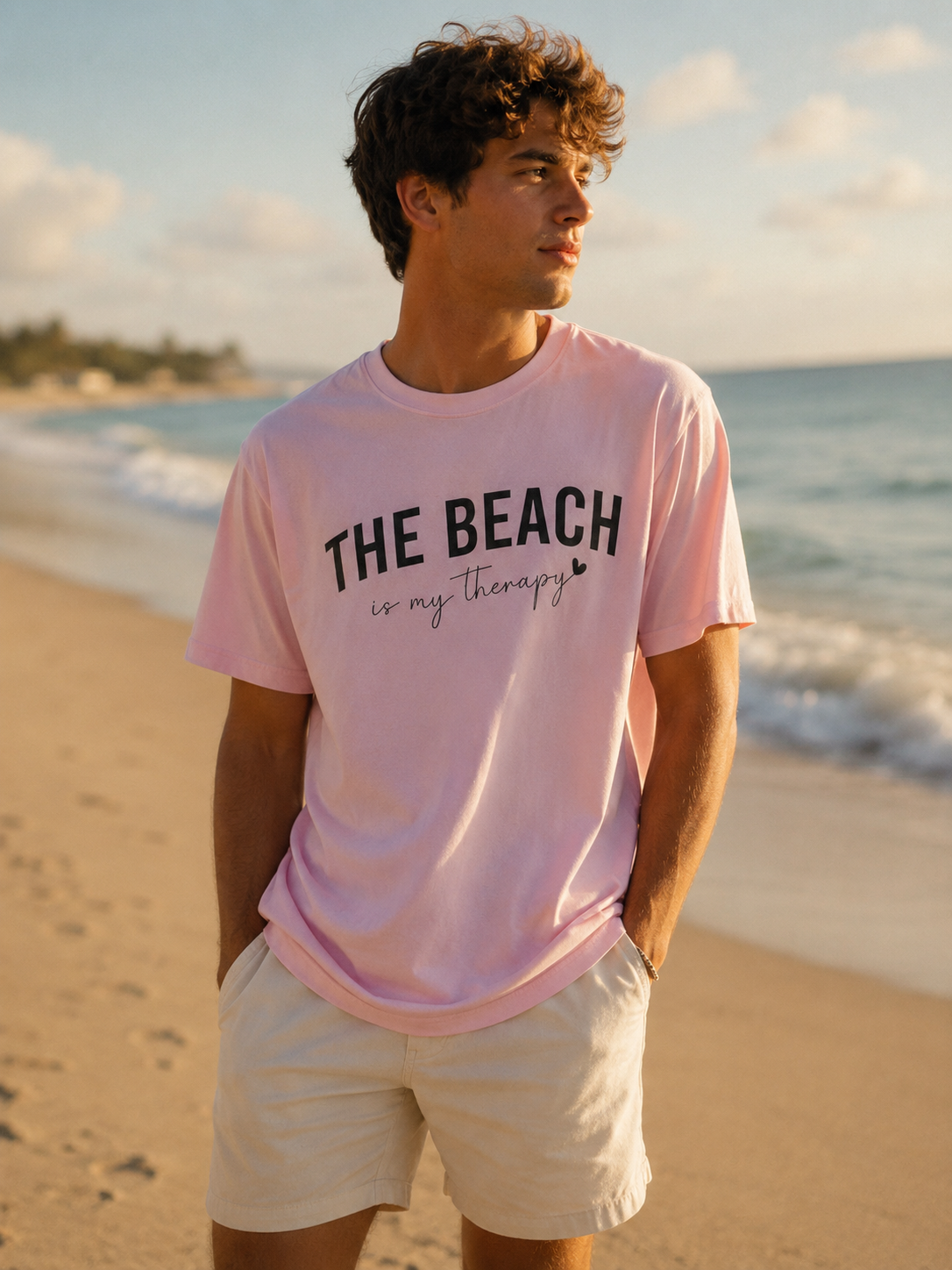 Man wearing a pink t-shirt with 'The Beach is my Therapy' text on a beach.