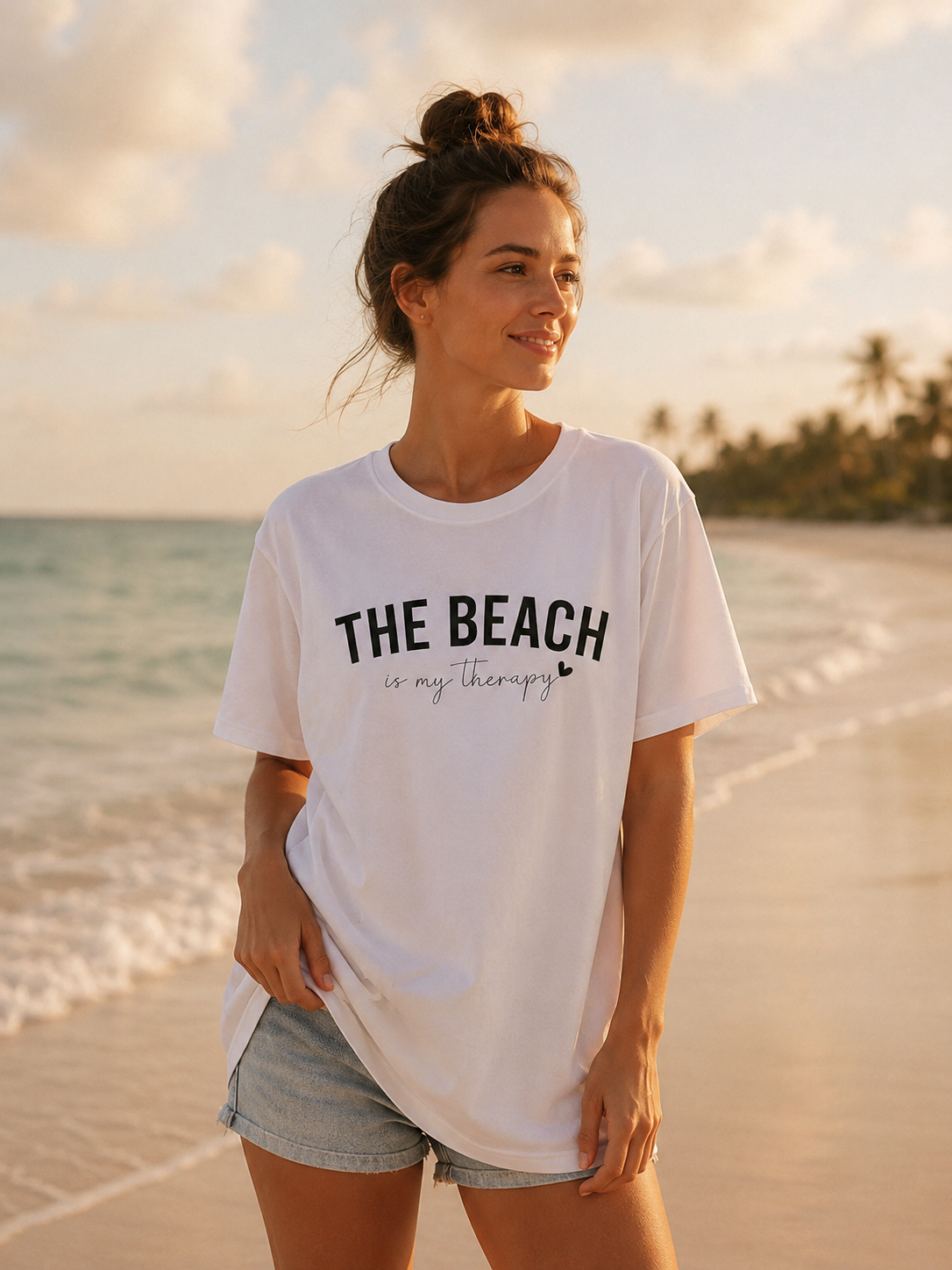 Woman wearing a white t-shirt with 'The Beach is my therapy' text on a beach at sunset.