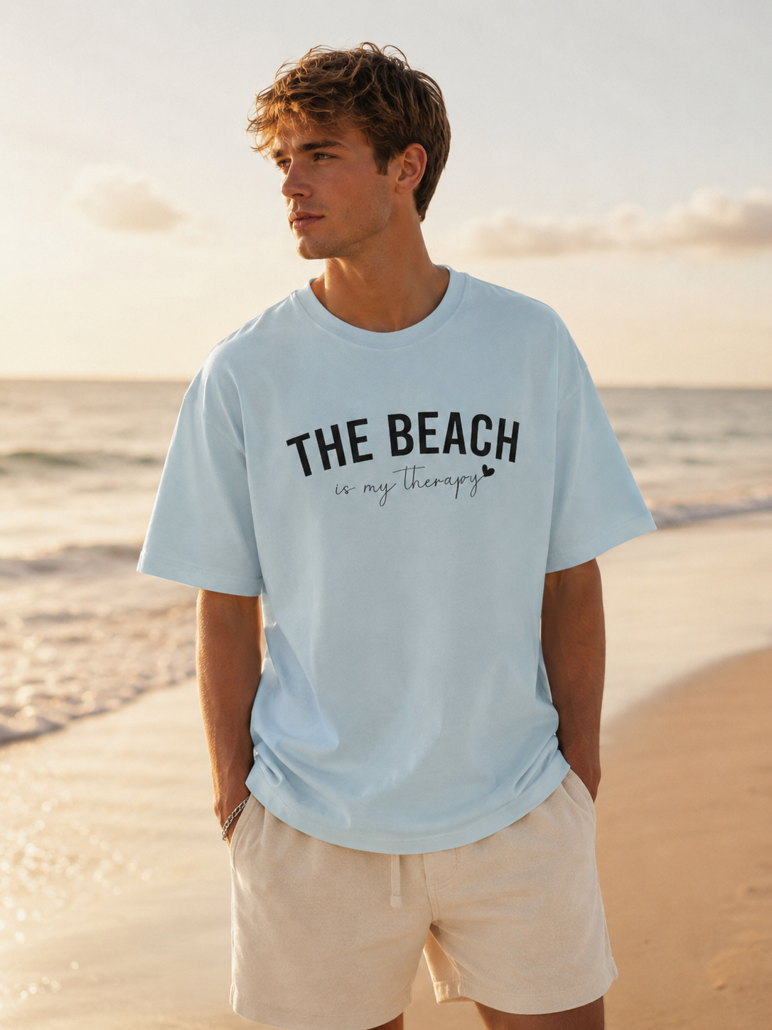 Man wearing a light blue t-shirt with 'THE BEACH is my Therapy' text on a beach.