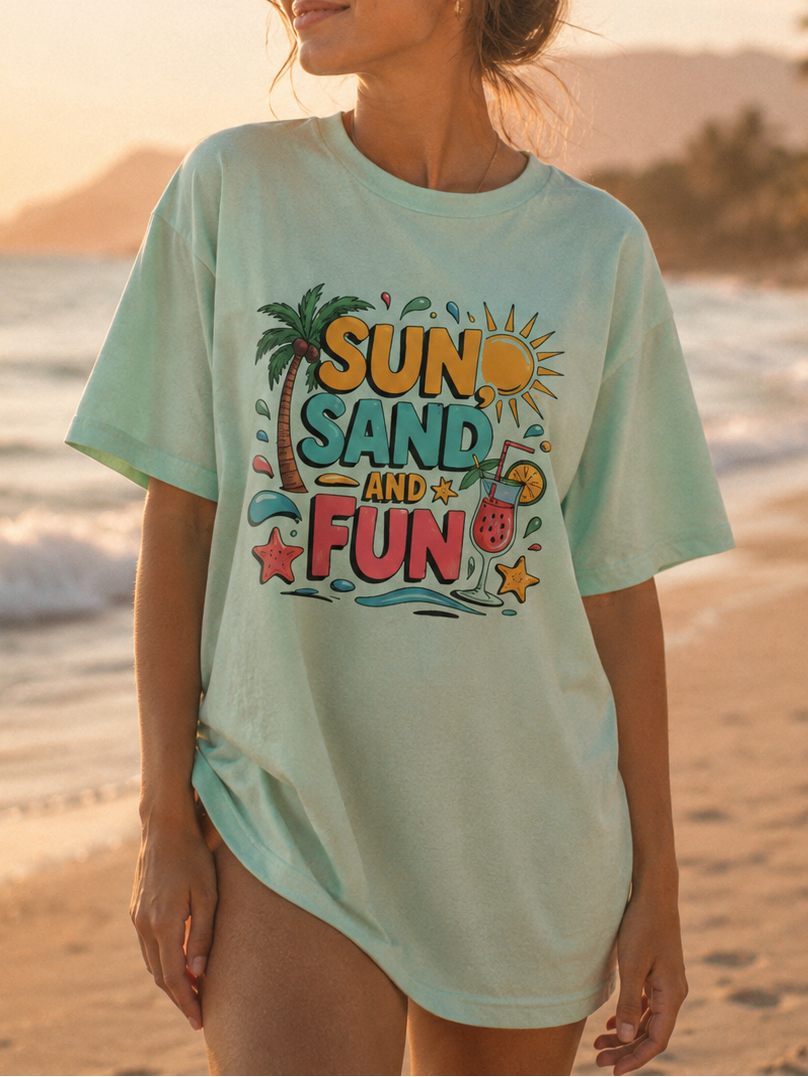 Woman wearing a 'Sun, Sand, and Fun' t-shirt on a beach at sunset.