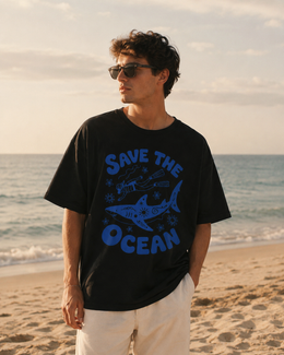 men wearing a 'Save the Ocean' t-shirt on a beach thumbnail 7
