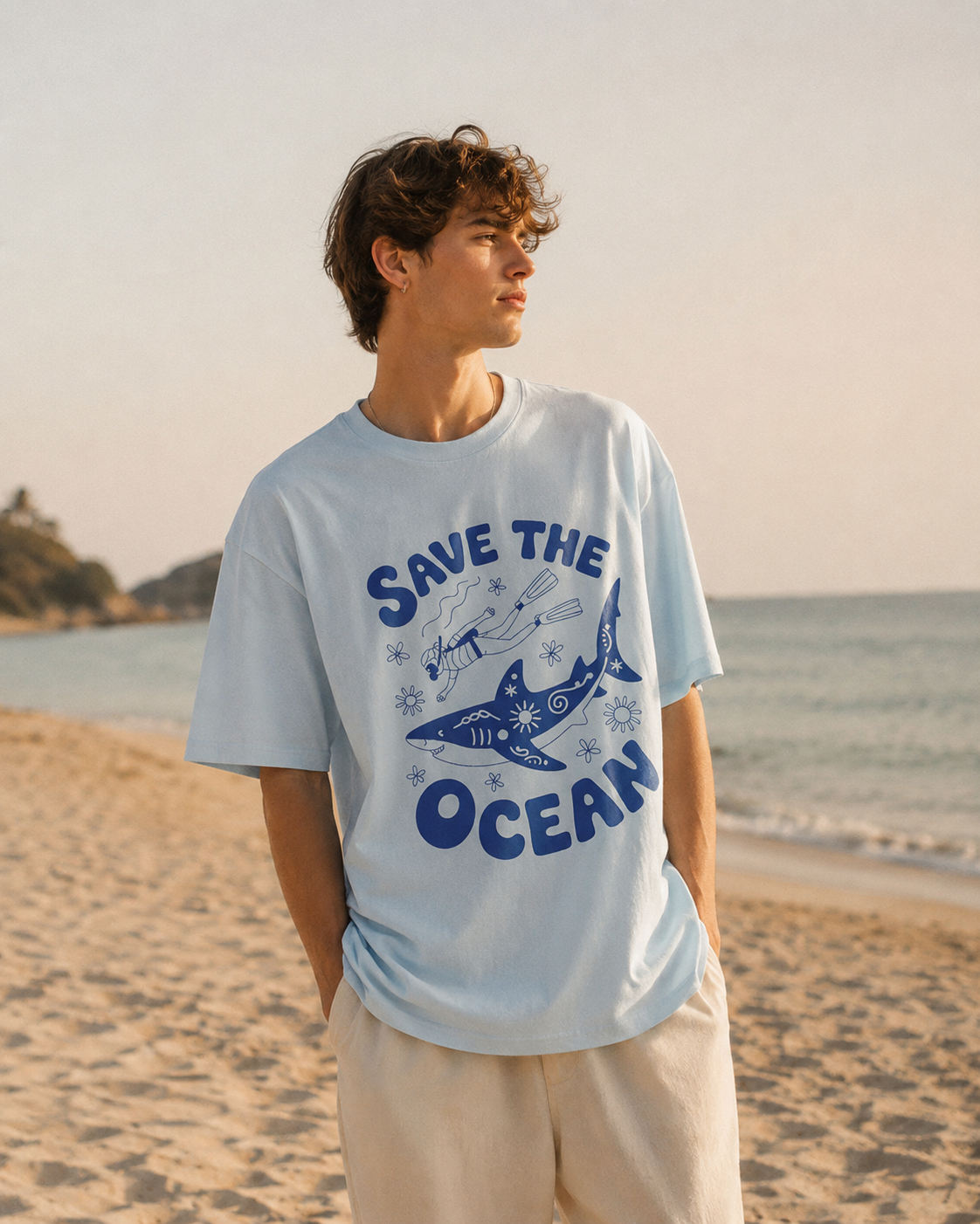 Person wearing a 'Save the Ocean' t-shirt on a beach