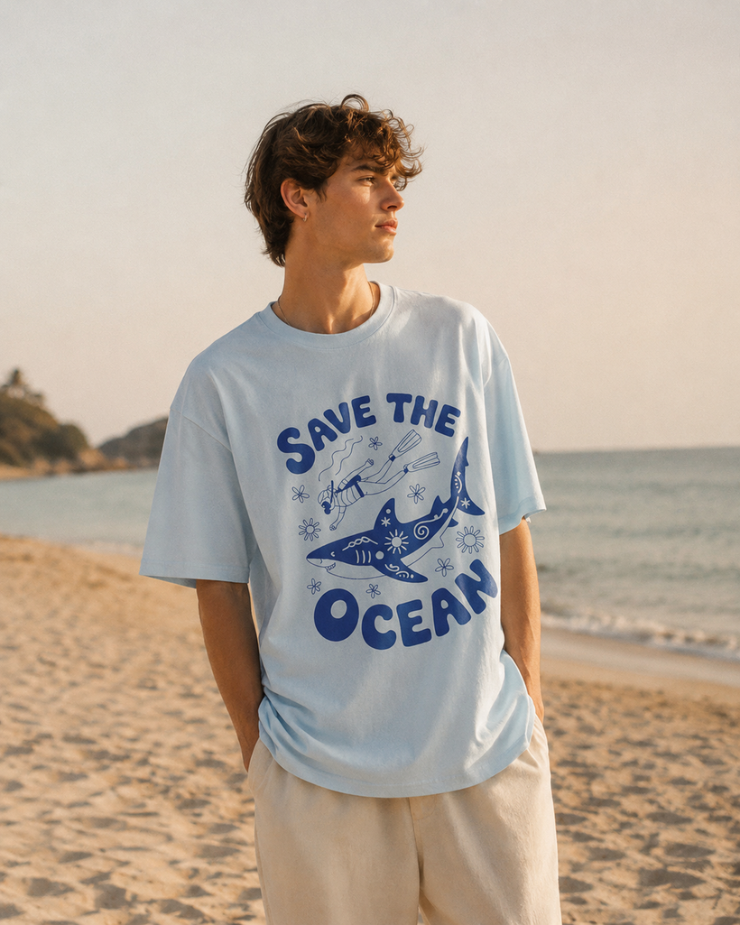 Person wearing a 'Save the Ocean' t-shirt on a beach — image 3 of 9