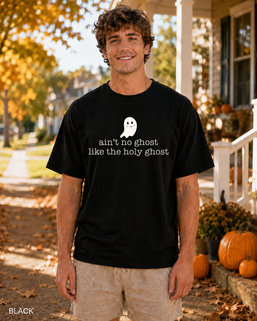 Male model wearing Black Ain't No Ghost Like the Holy Ghost Halloween T-shirt