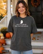Female model wearing Charcoal Ain't No Ghost Like the Holy Ghost Halloween T-shirt